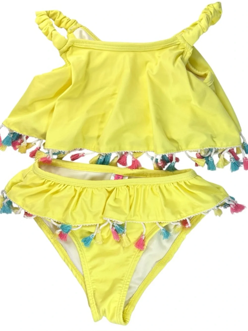 Betsy Johnson Girls Tassle Swimsuit Bikini Set Yellow Multi 2 Piece Size 7/8